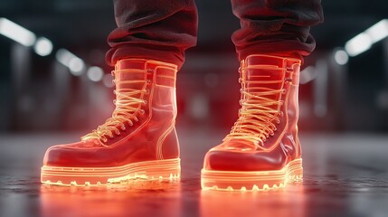 safety, security concept Glowing red boots in a dimly lit environment, showcasing a futuristic design with illuminated laces, emphasizing style and technology.