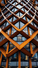 Obraz premium Geometric wooden lattice overlaying glass, creating a striking balance of natural and contemporary design.