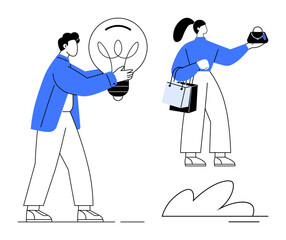 Fototapeta premium Man holding a large lightbulb and woman with shopping bags, representing innovation and consumer behavior. Ideal for creativity, innovation, e-commerce, marketing, consumer behavior, idea generation