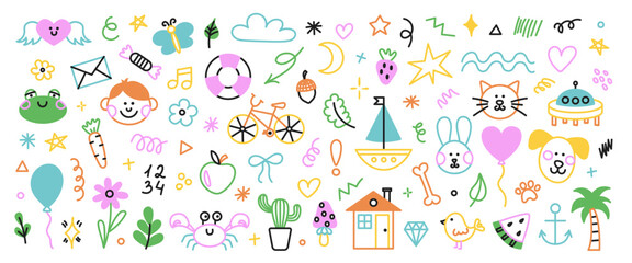 Cute hand drawn doodle set of simple kids decorative elements. Black collection of scribble, animal, flower, sun, cloud. Vector illustration