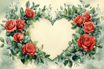 Fototapeta premium Romantic Floral Heart Frame with Beautiful Red Roses and Greenery