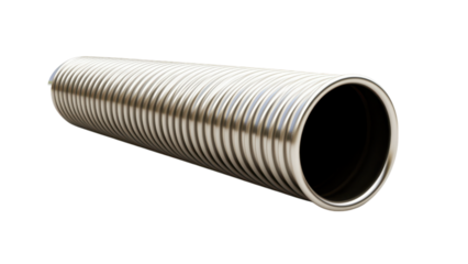 One metal pipe concept, Metallic cylinder with a smooth, ribbed surface on transparent background.
