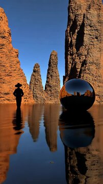 Unique landscape featuring a silhouetted figure and a reflective sphere in a striking canyon setting