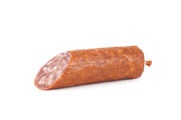 Piece of salami smoked sausage, isolated on white background