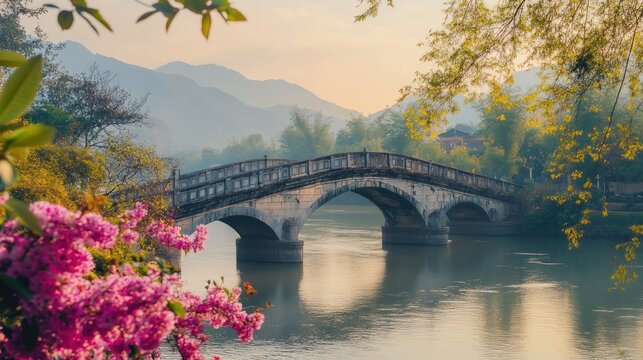 Serene sunrise over ancient stone arch bridge spanning tranquil river in misty mountains.