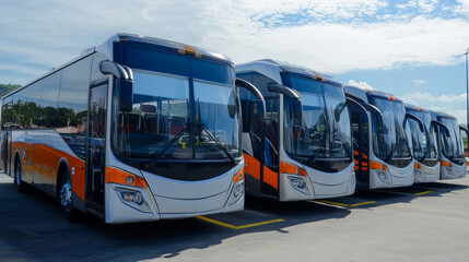 New fleet of modern buses lined up at the transportation depot under clear blue skies