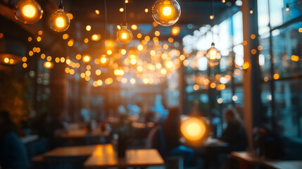 Warm and inviting atmosphere in a bustling cafe during the evening with glowing lights and lively patrons