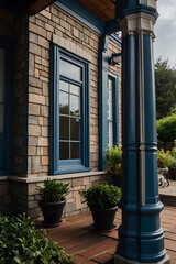 Elegant Stone House Exterior with Blue Accents and Lush Greenery. Classic Architecture, Modern Design, Real Estate Photography