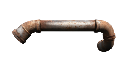 One metal pipe concept, Rusty metal pipe with a curved shape on transparent background.