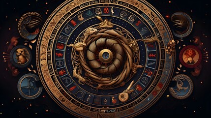 Obraz premium Zodiac Wheel Highlighting the Snake with Decorative Accents in a 16 9 Aspect Astrological and Mystical Imagery with Organic Floral and Botanical Elements