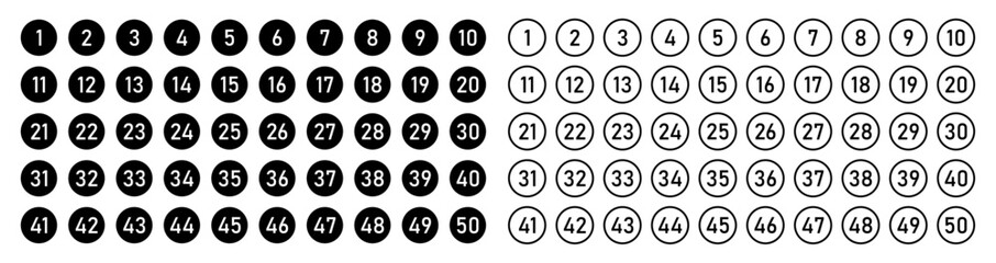 Set of 1 to 50 numbers simple design isolated. Typography set of rounds 1 to 50 Numbers. Bullet point number icons collection. Numeral typographic line and flat icons set. Vector illustration.