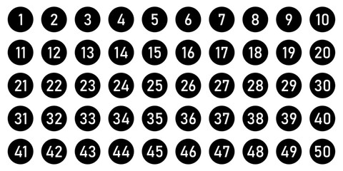 Set of 1 to 50 numbers. Typography set of rounds 1 to 50 Numbers. Numeral typographic line and flat icons set. Bullet point number icons collection. Simple design. Vector illustration.