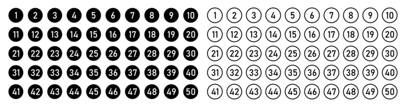 Set of 1 to 50 numbers simple design isolated. Typography set of rounds 1 to 50 Numbers. Bullet point number icons collection. Numeral typographic line and flat icons set. Vector illustration.