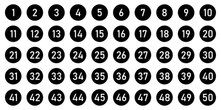 Set of 1 to 50 numbers. Typography set of rounds 1 to 50 Numbers. Numeral typographic line and flat icons set. Bullet point number icons collection. Simple design. Vector illustration.