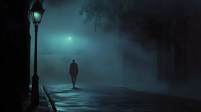 A fog-filled street with the dark outline of a person walking away in the distance, illuminated faintly by dim streetlights. The scene conveys a haunting sense of solitude and the bittersweet 