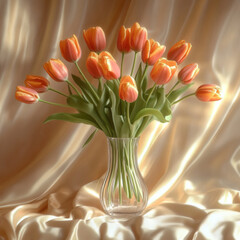 Orange tulips in a glass vase as a still life setup, cream colored silk in the background
