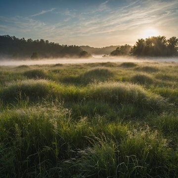 Morning mist rolling over a field of wild grass.