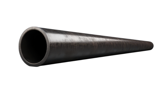 One metal pipe concept, A long, narrow tube with a textured surface on transparent background.