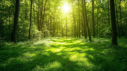 Obraz premium Bright forest clearing bathed in golden sunlight, surrounded by tall trees and vibrant green grass, creating a peaceful and refreshing natural scene. 