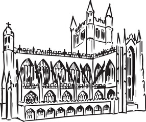 Hand-drawn ink sketch of Bath Abbey. Travel, history, Gothic architecture, British landmarks drawings. Simple black and white illustration isolated on white. England tourist attraction sketches.
