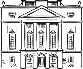 Holburne Museum, Bath, England black and white ink sketch. Elegant English Neoclassical architecture destination. European cultural and historical landmark illustration. Tourism, travel, isolated.