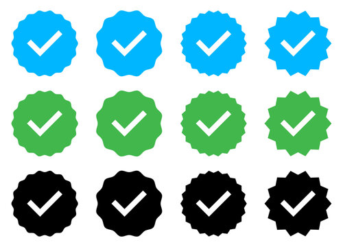 Set of confirmation icons. Profile verification check marks icons set in blue, green and black color. Verified account sign symbol. Flat style. Vector illustration.