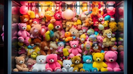 Vibrant Claw Machine Filled with Captivating Plush Prizes and Toys   Colorful Arcade Game with Assortment of Stuffed Animals and Prizes Waiting to Be Won