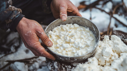 Preparing goat cheese from fresh milk in a rustic outdoor setting during a sunny afternoon