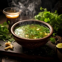 Savory and Simmered Bonsai Inspired Soup Served in a Ceramic Bowl Topped with a Vibrant Garnish of Fresh Herbs