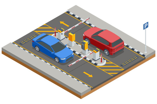 Isometric vector illustration of blue and red cars at a parking barrier system. Features directional arrows, ticket dispensers, and clear entry exit paths.