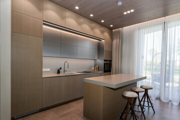 Modern luxury kitchen interior in minimal scandinavian style, 3d render