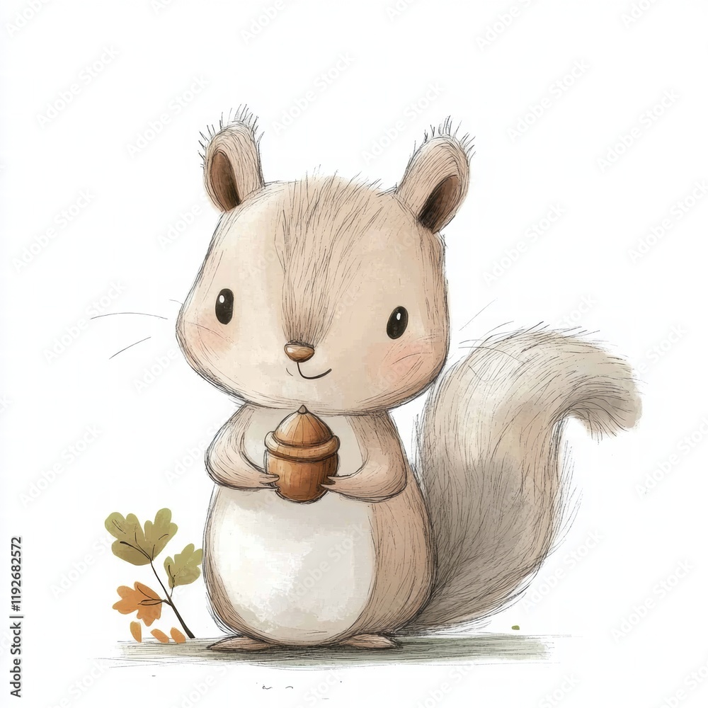 Aufkleber Cute squirrel holding an acorn in a forest setting during autumn with soft colors and a friendly expression. Generative AI