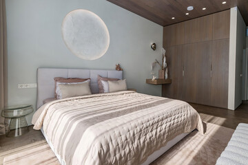Modern luxury bedroom interior in minimal scandinavian style, 3d render