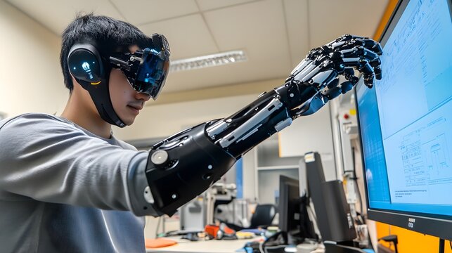 An image of a person with a bionic arm that performs tasks independently, demonstrating the advanced automation in bionic limbs and how they function autonomously with technology. 