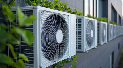 Efficient cooling systems mounted on a building's exterior with greenery framing the installation