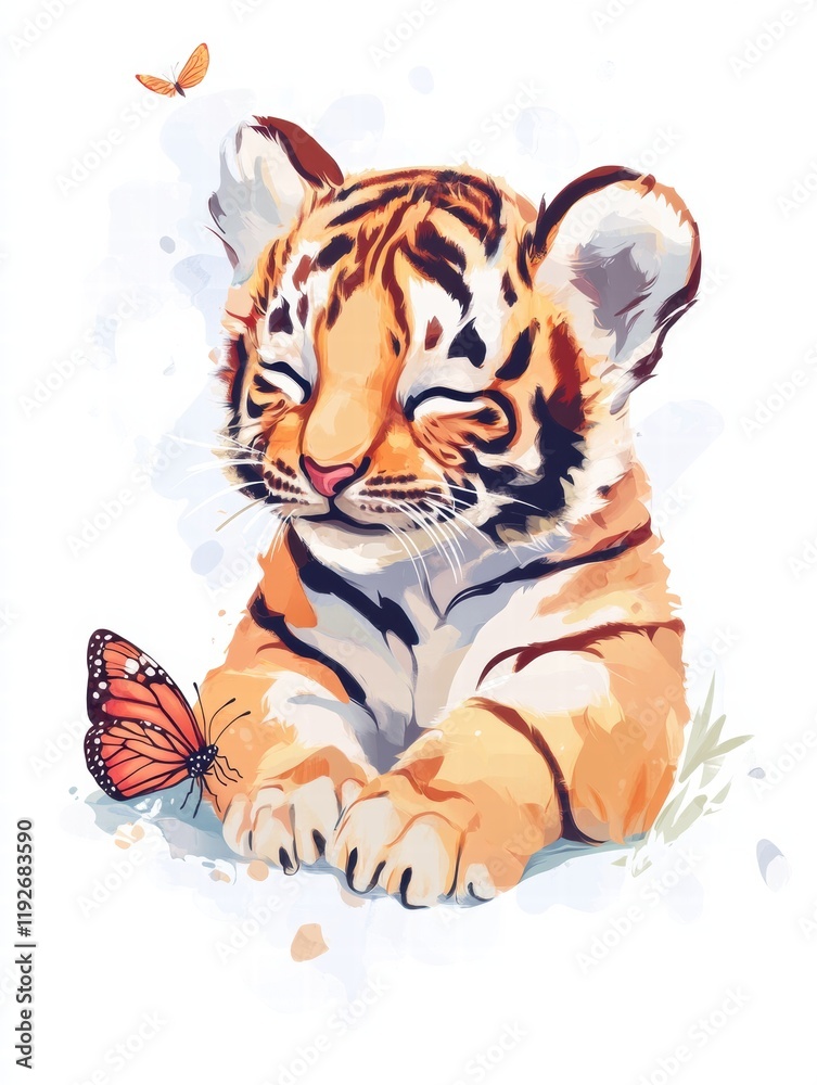 Poster cute tiger cub resting peacefully with a butterfly in a sunny meadow surrounded by soft grass and bu