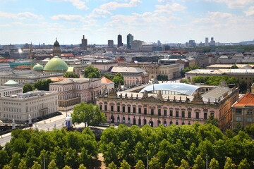 Berlin, Germany - July 9, 2024: View of central Berlin from the Berlin Cathedral, iconic city landmarks under a clear summer sky.