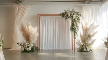A collection of elegant arch backdrops arranged in a showroom, showcasing a variety of styles and sizes available for event rentals, perfect for transforming any venue with minimal effort. 