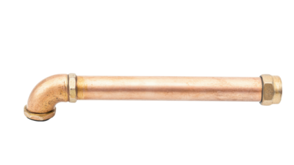 One metal pipe concept, Copper plumbing pipe with an elbow fitting on transparent background.