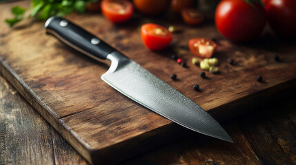 Sharp chef's knife rests on wooden cutting board with fresh tomatoes and herbs nearby, showcasing culinary preparation scene