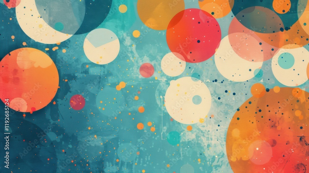 Poster brightly colored circles create an abstract design with varying sizes and textures, showcasing a pla