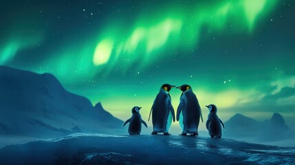 Penguin family under the aurora borealis in a winter landscape with mountains and stars