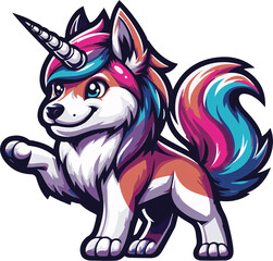 Rainbow Unicorn Wolf Pup: An adorable cartoon-style wolf pup with a vibrant rainbow mane and a single spiraling horn, playfully raising its paw.