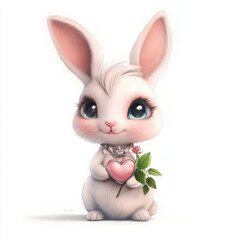Cute bunny holding heart and flower, expressing love and joy