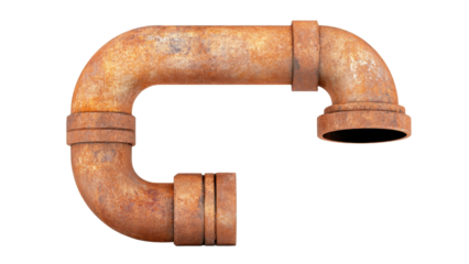 One metal pipe concept, Rusty metal pipe curved in an L-shape on transparent background.