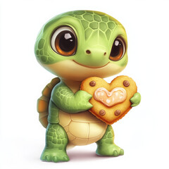 Fototapeta premium Cute turtle character holding heart shaped cookie, joyful expression