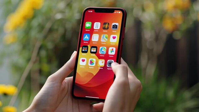 Bright garden setting with a person holding a smartphone displaying various applications during sunny weather