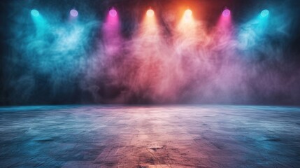 Colorful spotlights shine down on an empty stage, creating a vibrant atmosphere filled with anticipation for the upcoming performance