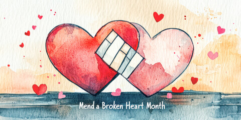 National Mend a Broken Heart Month illustration featuring two watercolor hearts, one with a bandage, surrounded by small floating hearts and soft pastel tones.