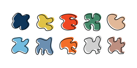 Organic shapes vector illustration set. Isolated on a white background. Colors: Blue, grey, orange, yellow, red,  green, brown.